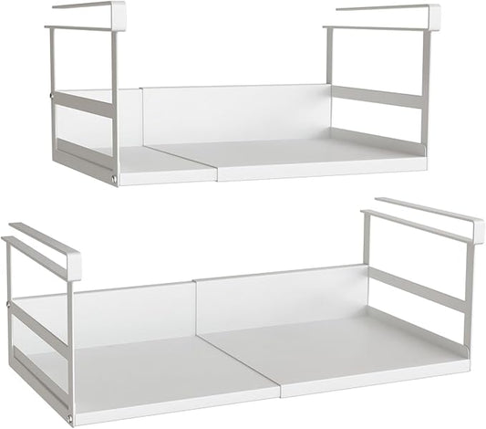 Expandable Under Cabinet Shelf Organizer with 0.94-Inch Thick Clips, Heavy Duty Extendable Under Shelf Storage Basket for Pantry or Laundry Room, White, 2 Pack, Interior: 5.7" H x 8.54" D