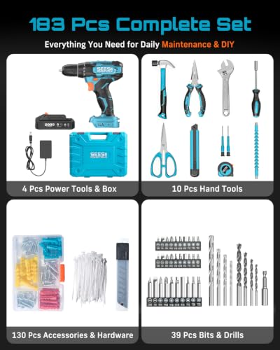 Seesii 20V Power Drill Set, 183Pcs Tool Kit with Toolbox - Image 4