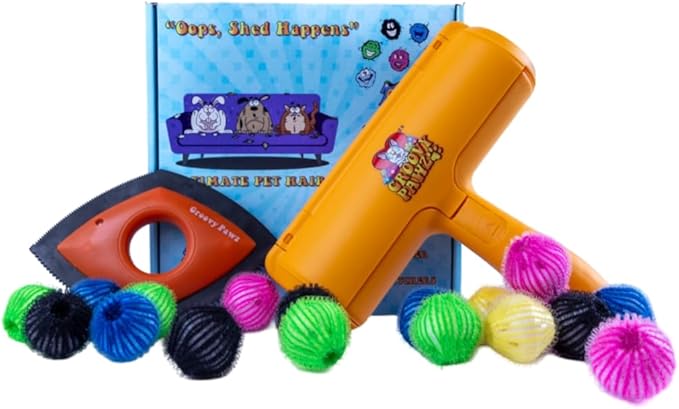 Pet Hair Removal Kit w/Static Brush | Pet Fur Collector | Car Dander Clean-up | Includes 18 Cat and Dog Hair Collecting Washer/Dryer Balls | Dog Brush/Edge Cleaner | Safe and Gentle