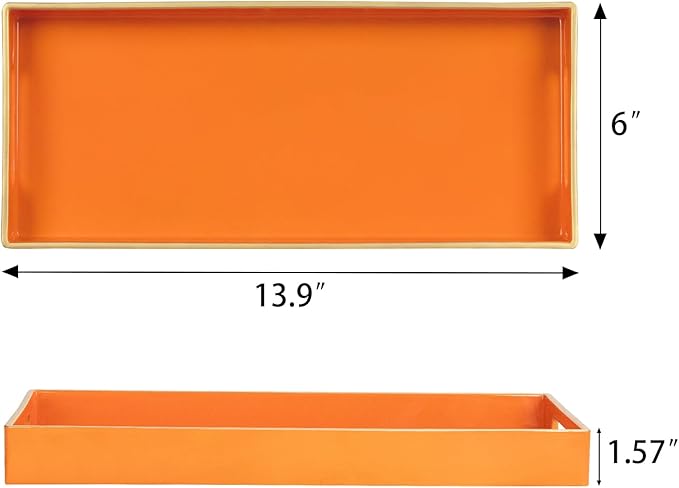 MAONAME Orange Vanity Tray Set of 2, Plastic Decorative Tray with Handles, Small Narrow Trays, Rectangular Bathroom Trays for Toilet Tank, 13.8" X 6" X 1.57"