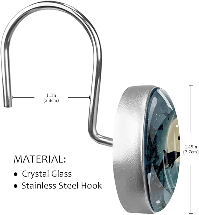 12 Packs Jumping Whales Shower Curtain Hooks, Stainless Steel Glass Shower Curtain Rings for Bathroom, Rustproof Metal Curtain Rod Hooks
