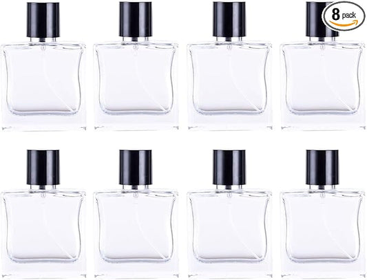 Glass Perfume Bottle Empty Refillable 8Pack Clear Travel Perfume Spray Atomizer Bottle 50ml Perfume Fine Mist Spray Perfume Bottle Atomizer Container with Sprayer Applicator (Flat Square 50ml 8PCS)