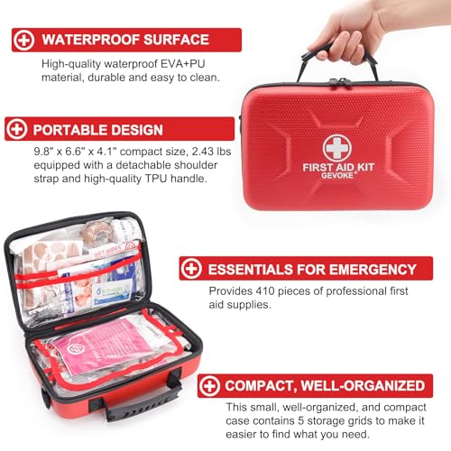 Gevoke 410 Piece Waterproof Hard Shell First Aid Kit, Red - Image 4