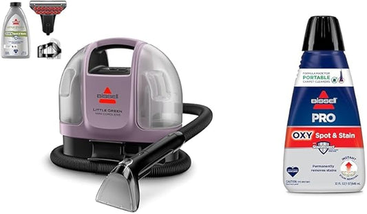 BISSELL Little Green Mini Cordless Portable Carpet and Upholstery Deep Cleaner, Limited Edition Color Dusk Pink, 4015F + Bissell Professional Spot and Stain + Oxy Portable Machine Formula, 32 oz