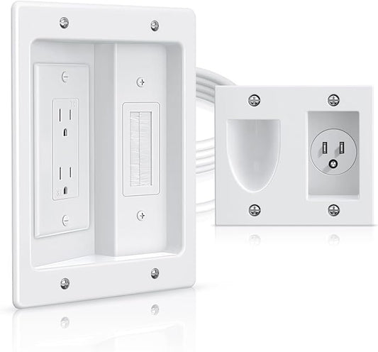 ELECTOP Dual Outlet in Wall Cable Management Kit, TV Cord Hider for Wall Mounted TV, Recessed Low Voltage Media Wall Plate for Power Cables & Low Voltage Wires
