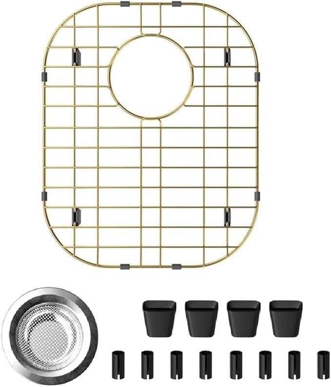 SANNO Gold Sink Protector Grid for Kitchen Sink, 14.57" L X 11.22" W Bottom Grid with Rear Drain Hole, Single Bowl Sink Rack, Stainless Steel 1 Pack