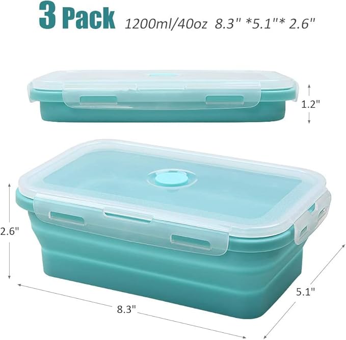 Alimat PluS 40.5oz Silicone Food Storage Containers, 3 Pack Set 1200ml Collapsible Food Storage Containers with Lids(Blue)