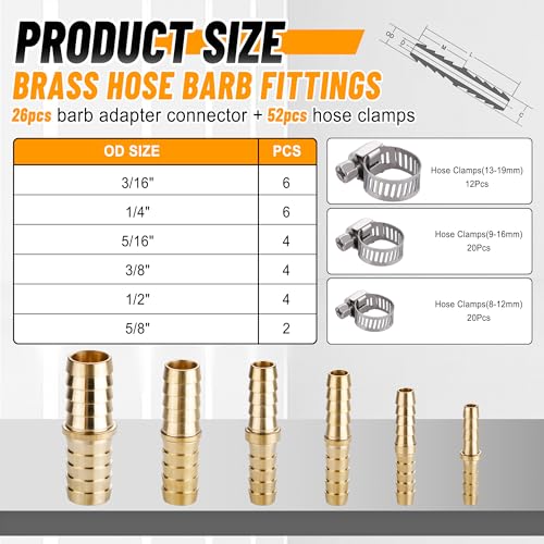 26PCS Brass Hose Barb Fittings Splicer Mender Kit with Pipe Clamp - Image 3