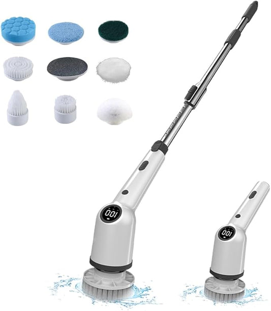 Electric Spin Scrubber, 360 Degrees 3 Speeds Power Cordless Shower Scrubber with 8 Replaceable Brush Heads and Adjustable Extension Arm for Bathroom Floor Shower Bathtub Glass