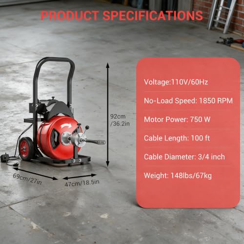 MAXSA Drain Cleaner Machine, 100 ft x 3/4 Inch Auto Feed Sewer - Image 3