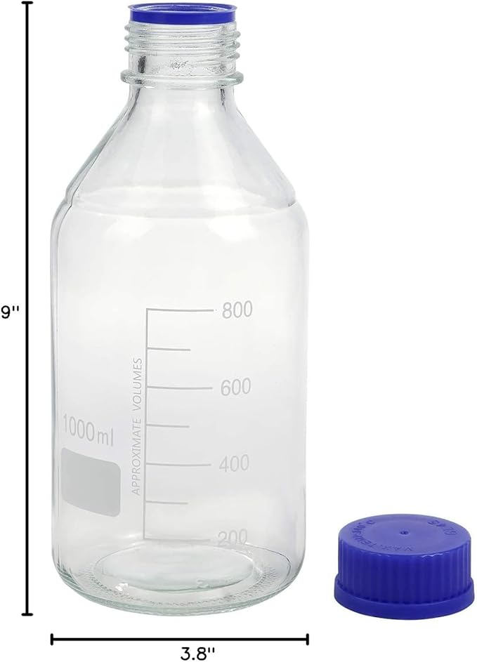 Lab Media Storage Round Bottles Graduated Glass Container GL45 Screw Cap Leakproof Multi-Purpose for Scientific | pack of 4 (Blue,1000ml)