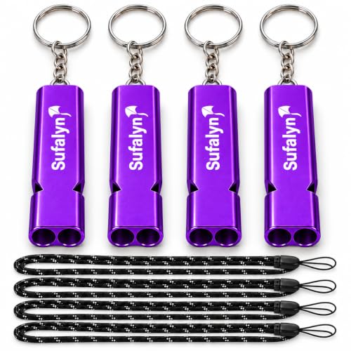 4 Pack Aluminum Emergency Whistles with Straps and Key Rings - Image 2