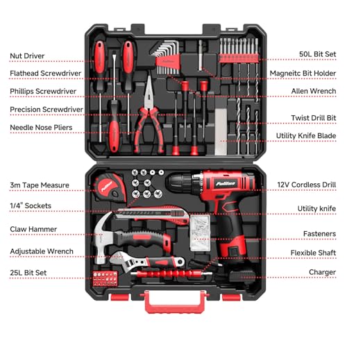 PULITUO 149-Piece Home Drill Set with Red 12V Cordless | Hand Tools - Image 3