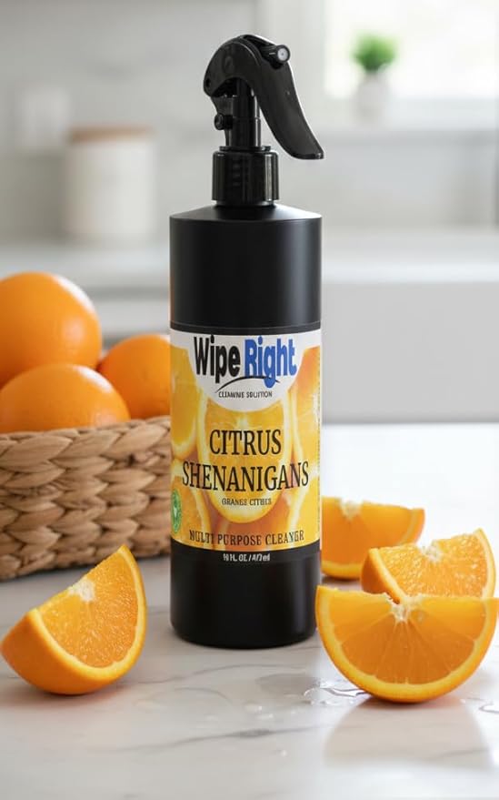 Wipe Right Cleaning Solution- Citrus Shenanigans- Multi Purpose Household Daily Cleaner. Plant Based 16 oz. Orange Scented. Use in Kitchen, bathroom, countertop,walls,fridge,stove