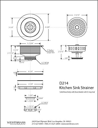 Westbrass D214-07 3-1/2" Post Style Large Kitchen Sink Basket Strainer, Satin Nickel