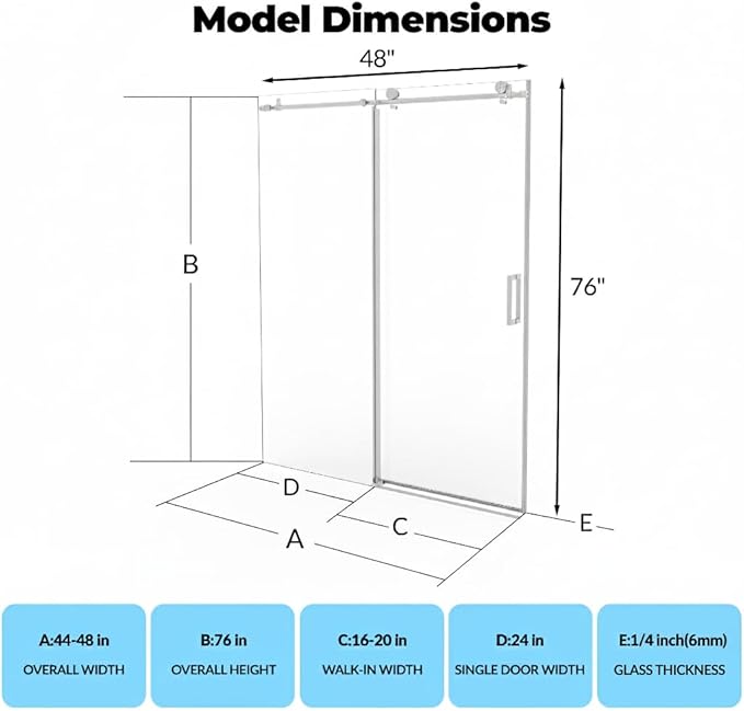 Glass Shower Door 44–48 Inch W x 76 Inch H – Frameless Sliding Shower Door, 8mm Coated Tempered Glass, Single Fixed & Sliding Glass Door, Brushed Stainless