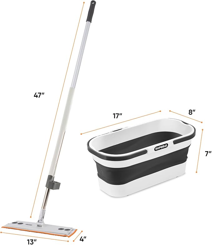Superio Fold N' Go 10L Collapsible Mop Bucket with Wheels & Self-Wringing Microfiber Flat Mop - Portable, Hands-Free Cleaning Set for Home, Car, Kitchen, Bathroom, Hardwood & Tile Floors