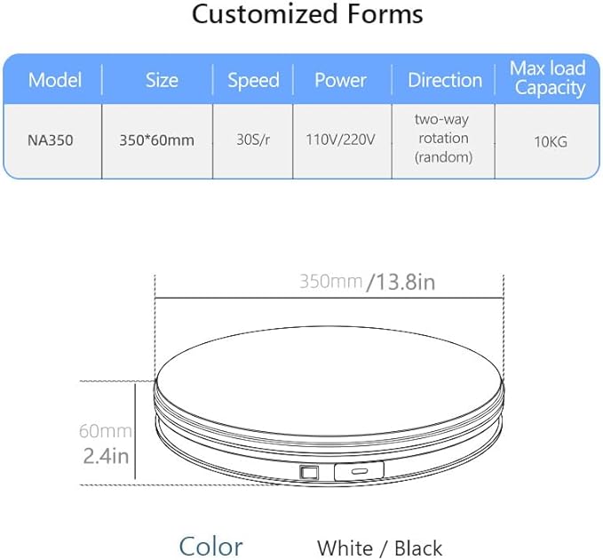 YVV White 13.8in Motorized Rotating Display Stand, 360° Electric Turntable for Photography, Product Display, Jewelry, Models, 22LB Load Capacity, USB Powered Spinning Display Platform