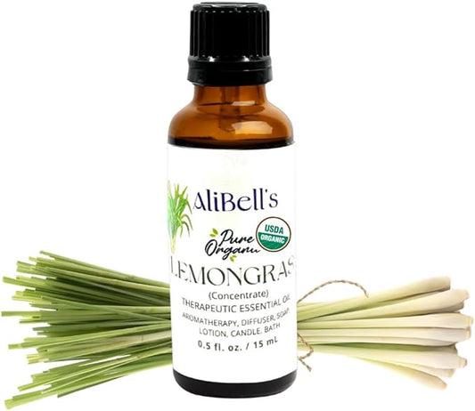 AliBell's- Lemon Grass Oil Essential Oil - Essential Oils for Soap Making - 15 ml Undiluted Therapeutic Grade A Organic Concentrate for Any Use, Energize with Pet Safe Fresh Lemony Scent