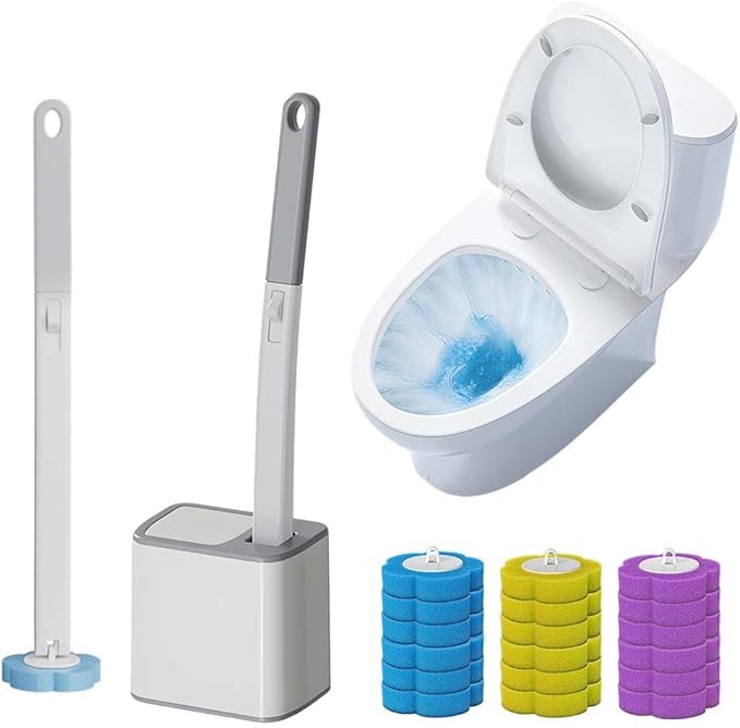 Upgrade Disposable Toilet Brush, Disposable Toilet Cleaning Set with Holder & Refills, Extended Handle Bowl Brush for Hygienic Bathroom Maintenance, 18 Disinfecting Heads Included (Gray)