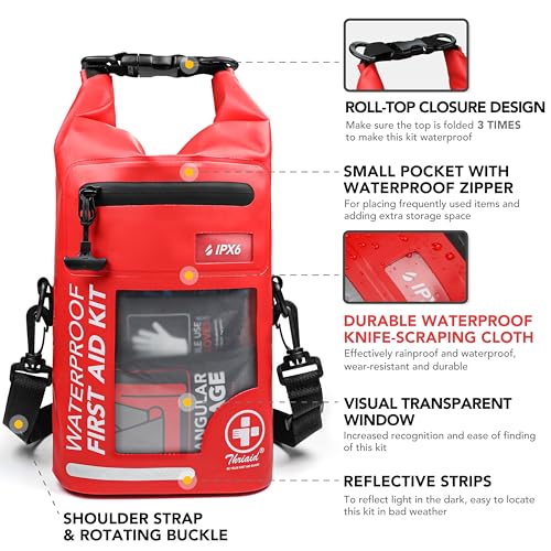 250 PCS IPX6-Waterproof First Aid Kit, Roll Top Reflective Boat - Image 3