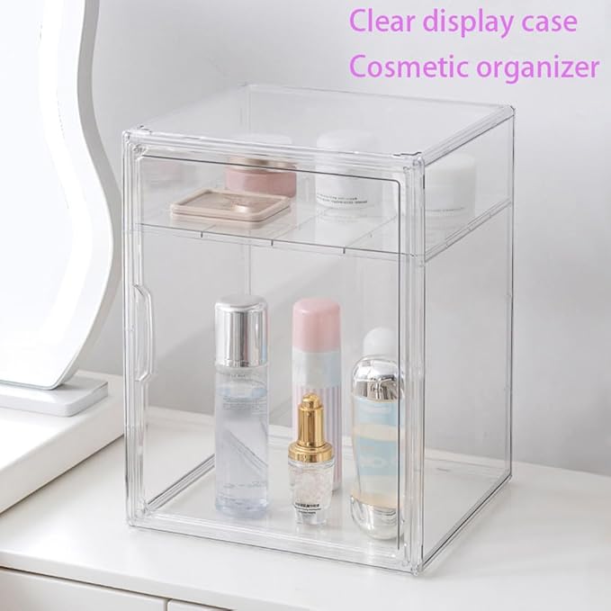 X-Large Clear Acrylic Display Case for Collectibles, Storage Bins/Box with Magnetic Lid and Stackable Design, 3 Adjustable Layers, Display Box for Shoes, Dolls, Purses, Toys, Cosmetics