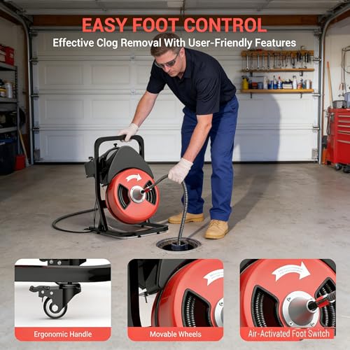 50FTx1/2 Inch Drain Cleaner Machine with Wheels, Sewer Snake - Image 6
