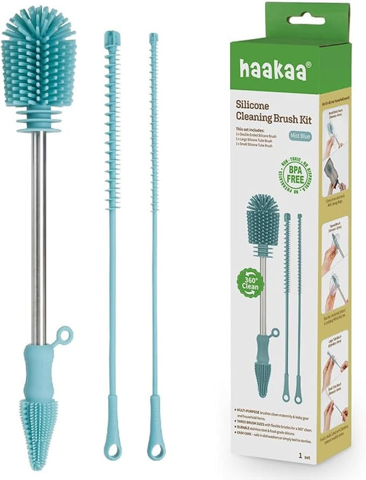 Haakaa Silicone Cleaning Brush Kit – Household Cleaning Brushes for Bottles and Crevices – Food-Grade Silicone: Dishwasher Safe (Kit-Mist Blue)