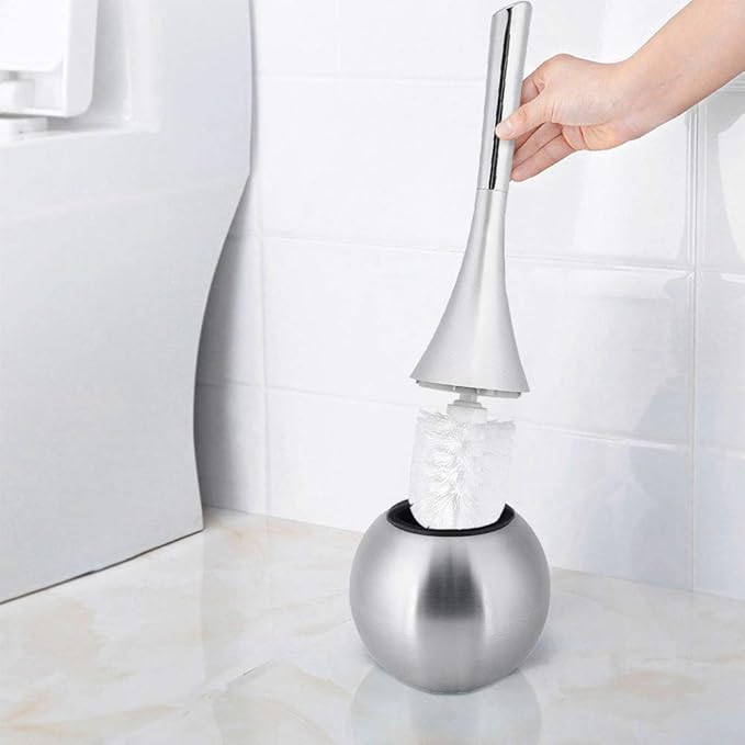 Toilet Brush Set, Stainless Steel Base Water Proof and ABS Plastic Handle Anti Impact, with Concealed Holder for Modern Bathroom Decor (Silver Base)
