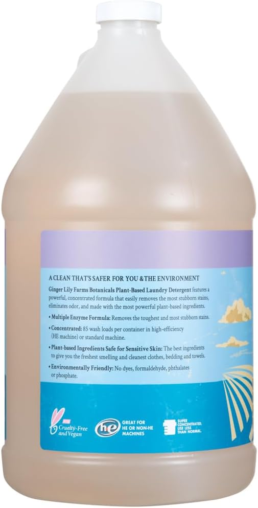 Ginger Lily Farms Botanicals Plant-Based Liquid Laundry Detergent, Lavender, Concentrated Formula, HE Compatible, 85 Loads, 1 Gallon (128 fl. oz.)