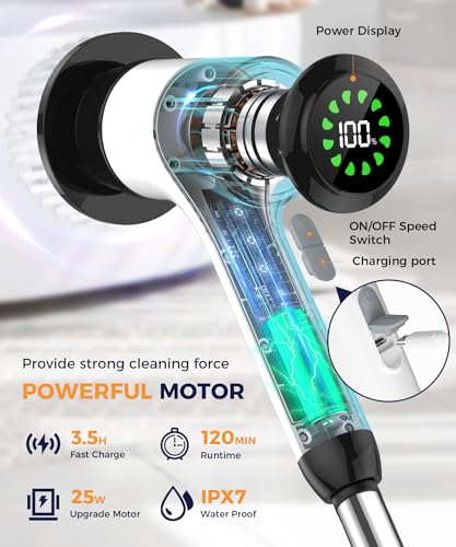 Electric Spin Scrubber, Cordless Long Handle, 5 Attachments - Image 4