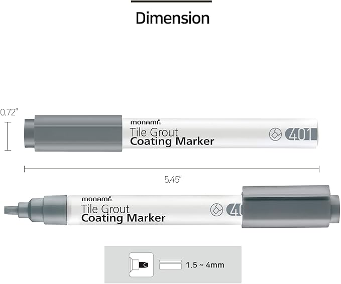 MONAMI Tile Grout Coating Marker 401, Chisel Tip (1.5~4mm), Repair Marker with Replaceable Nib Tips to Restore Grout Lines, Grey, 1 Marker + 2 Extra Tips