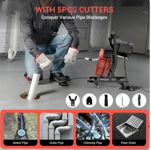 50FTx1/2 Inch Drain Cleaner Machine with Wheels, Sewer Snake - Image 5
