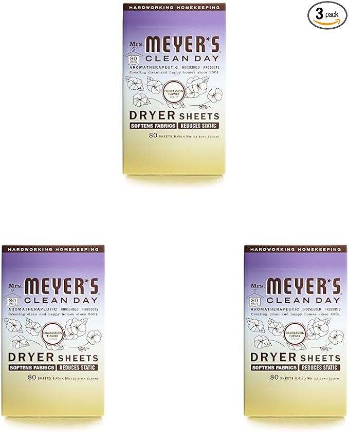 MRS. MEYER'S CLEAN DAY Dryer Sheets, Fabric Softener, Reduces Static, Infused with Essential Oils, Compassion Flower, 80 Count (Pack of 3)