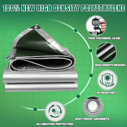 Extra Heavy Duty Tarp 10x12 Ft, 16 Mil Thick (Silver/Green) - Image 4