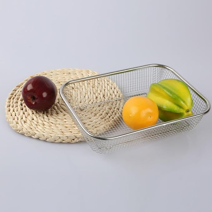 Stainless Steel Drain Basket Large Rectangular Colander 12.99X9.44X2.75In Multi-Purpose Kitchen Fruit Vegetable Holder with Fine Mesh for Washing and Storage
