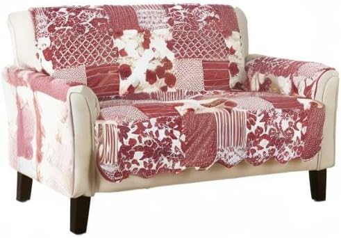 Great Bay Home Reversible Patchwork Loveseat Cover - Washable Slipcover Furniture Protector with Elastic Straps - Couch Cover for Dogs, Kids, and Pets - Box-Stitched Detail (Loveseat, Burgundy)