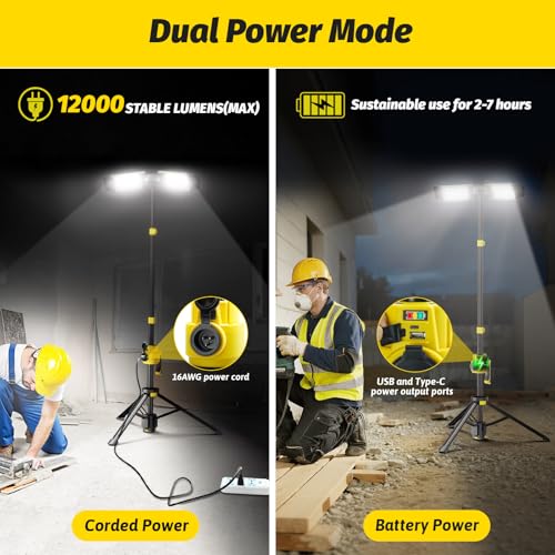 12000LM Rechargeable LED Work Light with Telescoping Tripod Stand - Image 3