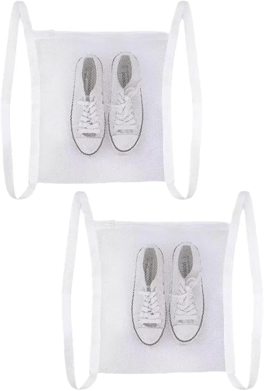 2 PCS white Shoe Drying Bag, Laundry Shoe with Zipper Strap Large Honey Comber Mesh for Dryer, shoes Washing Machine