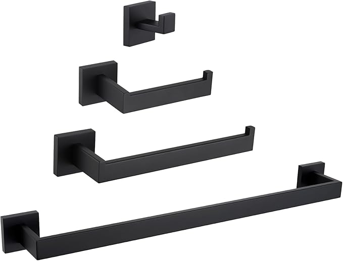 Bathroom Hardware Set Matte Black, Angle Simple Stainless Steel Bath Accessory Kit, 4 Pieces - Towel Hook, Toilet Paper Holder, Towel Holder and Towel Bar