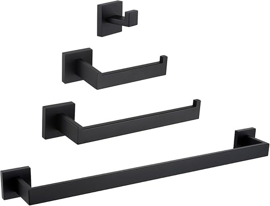 Bathroom Hardware Set Matte Black, Angle Simple Stainless Steel Bath Accessory Kit, 4 Pieces - Towel Hook, Toilet Paper Holder, Towel Holder and Towel Bar