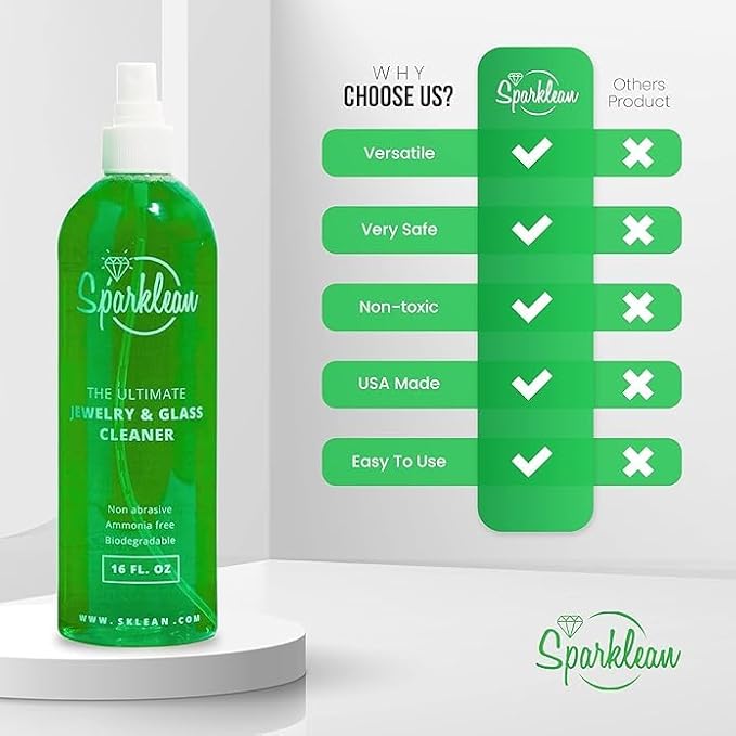 SPARKLEAN Jewelry & Glass Cleaner Spray (8 Oz) - Biodegradable, Ammonia-Free Solution for Gold, Silver & Diamond Rings - Safe for All Metals & Gemstones - Eco-Friendly - Everyday Size
