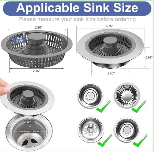 Kitchen Sink Drain Strainer 2 Pack, 3 in 1 Pop-up Stainless Steel Sink Stopper, Large Capacity Anti Clogging Basket Sink Filter with Handle Rod for American Standard 3-1/2 inch Drain Pipes Strainer