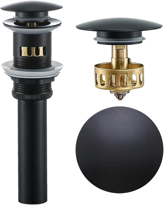 Bathroom Sink Drain with Strainer Basket Hair Catcher Anti Clog Pop Up Drain Stopper Vanity Vessel Sink with Overflow, Matte Black 83606-1MB.
