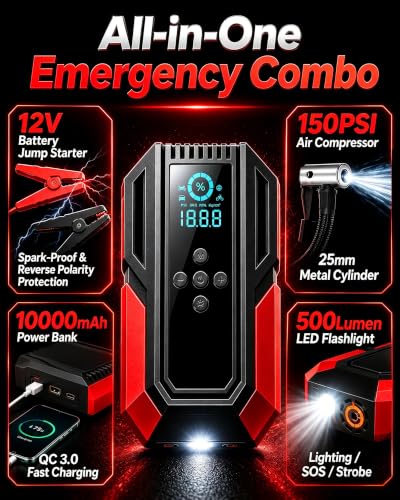 All-in-One Jump Starter with Air Compressor, 10000mAh Car - Image 3