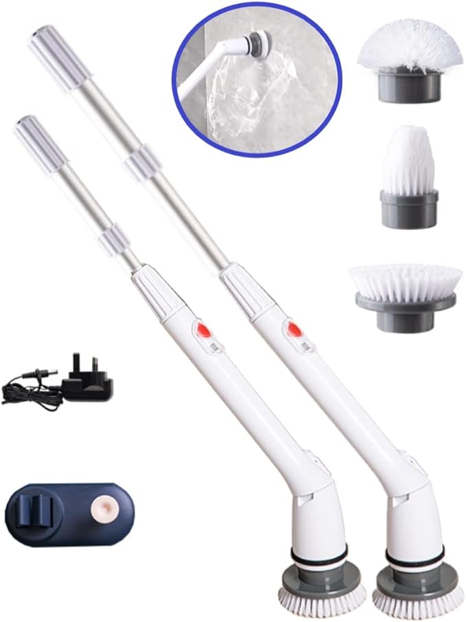 Electric Spin Scrubber, Electric Cleaning Brush Scrubber 360 Cordless Power Cleaning Brush with Telescopic Rod Handle, Portable Spin Scrubber for Cleaning Kitchen, Floor, Toilet, 3 Brushes & a Holder