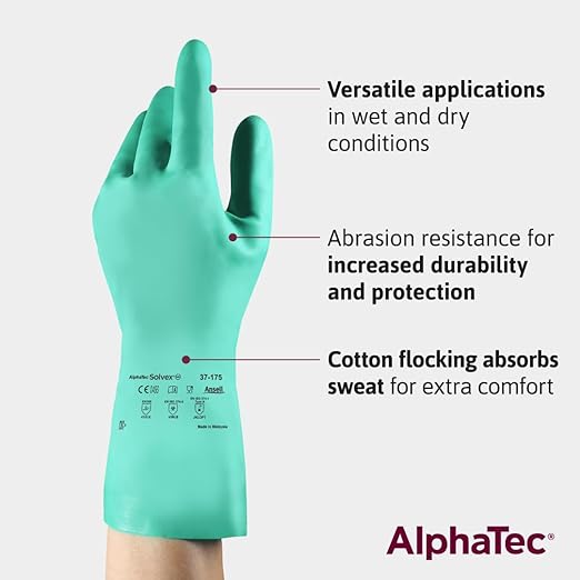 Ansell AlphaTec Solvex 37-175 Flocked Chemical-Resistant Gloves for Cleaning, Agriculture, Food, Mechanics, Oil - XS, Green (3 Pairs)