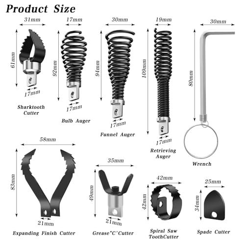 9-Piece Drain Auger Drill Attachment for 5/16”-3/4" Cable - Image 3