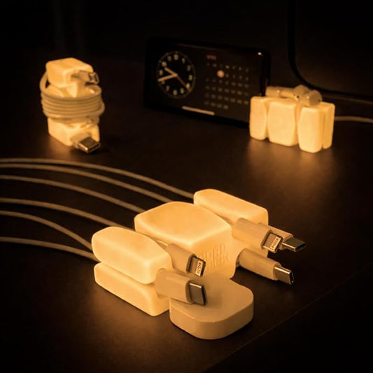GlowBrick Stocking Stuffers for Adults Cord Management Weighted Cord Holder Cable Wrap Phone Stand - Glow-in-The-Dark Gadget Organizer for Nightstand. Gift for Men, Silicone. 4pk Orange Glow