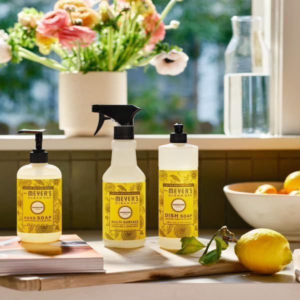 Mrs. MEYER'S Clean Day Dandelion Scent Variety Pack, Liquid Hand Soap 12.5 OZ, Liquid Dish Soap 16 OZ, Multi-Surface Cleaner 16 OZ, Room Freshener 8 OZ, 1 CT
